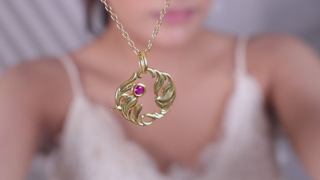 Silver Organic Leaf Swirl Pendant with Ruby Red Stone